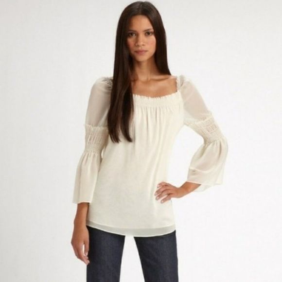 Theory Tops - Theory 100% Silk Boho Ruched Ivory Top